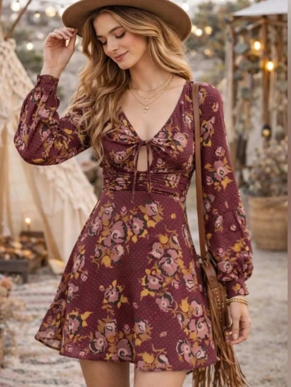 EUC Fall Free People Morning Light Floral Mini Dress Wine  Long Slv Women’s 4